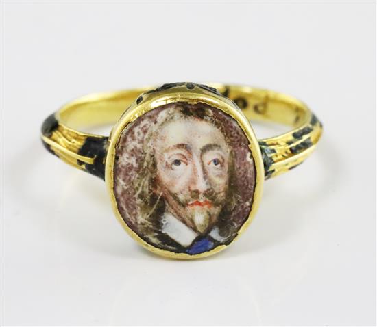 A rare mid 17th century enamelled gold oval memorial ring for Charles I (1600-1649), finger size K.